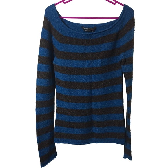 BCBGMAXAZRIA Women Pullover Fuzzy Sweater Striped Wool Blend Blue Black Sz L - Picture 2 of 6